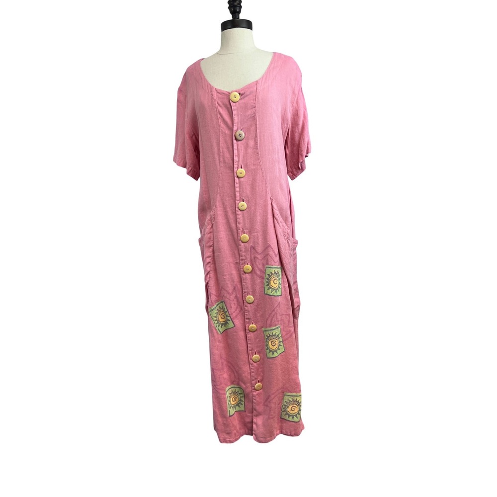 Blue Fish Button Down Maxi Dress Womens OS Pink Excellent Linen Sun Hand Painted